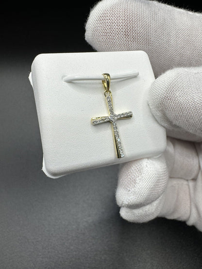 1” 10k Yellow Gold Cross 1/8ctw Natural Diamonds 2.2mm Bail .7g