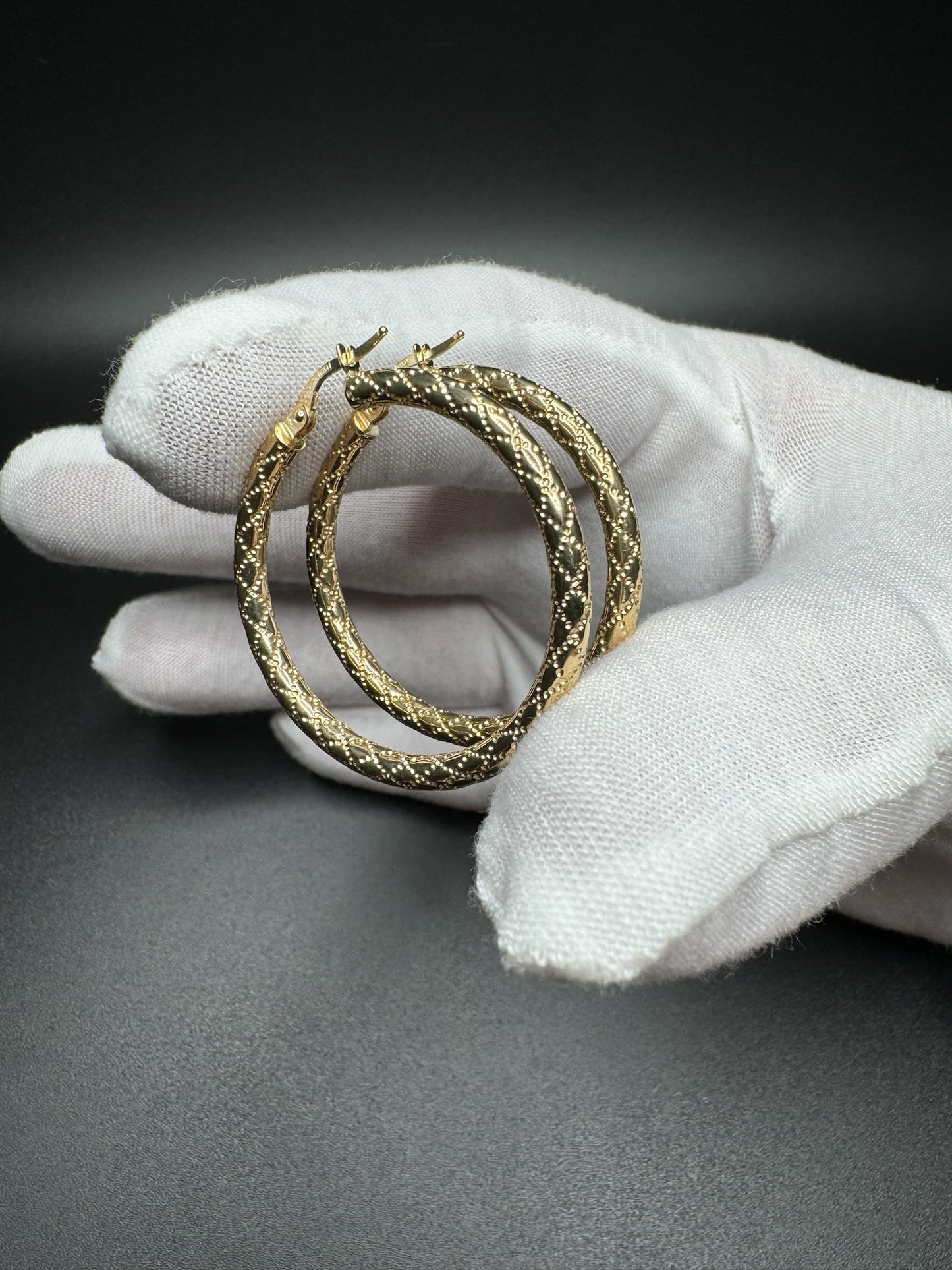 35mm 14k Yellow Gold Fancy Print Hoops 3.2g