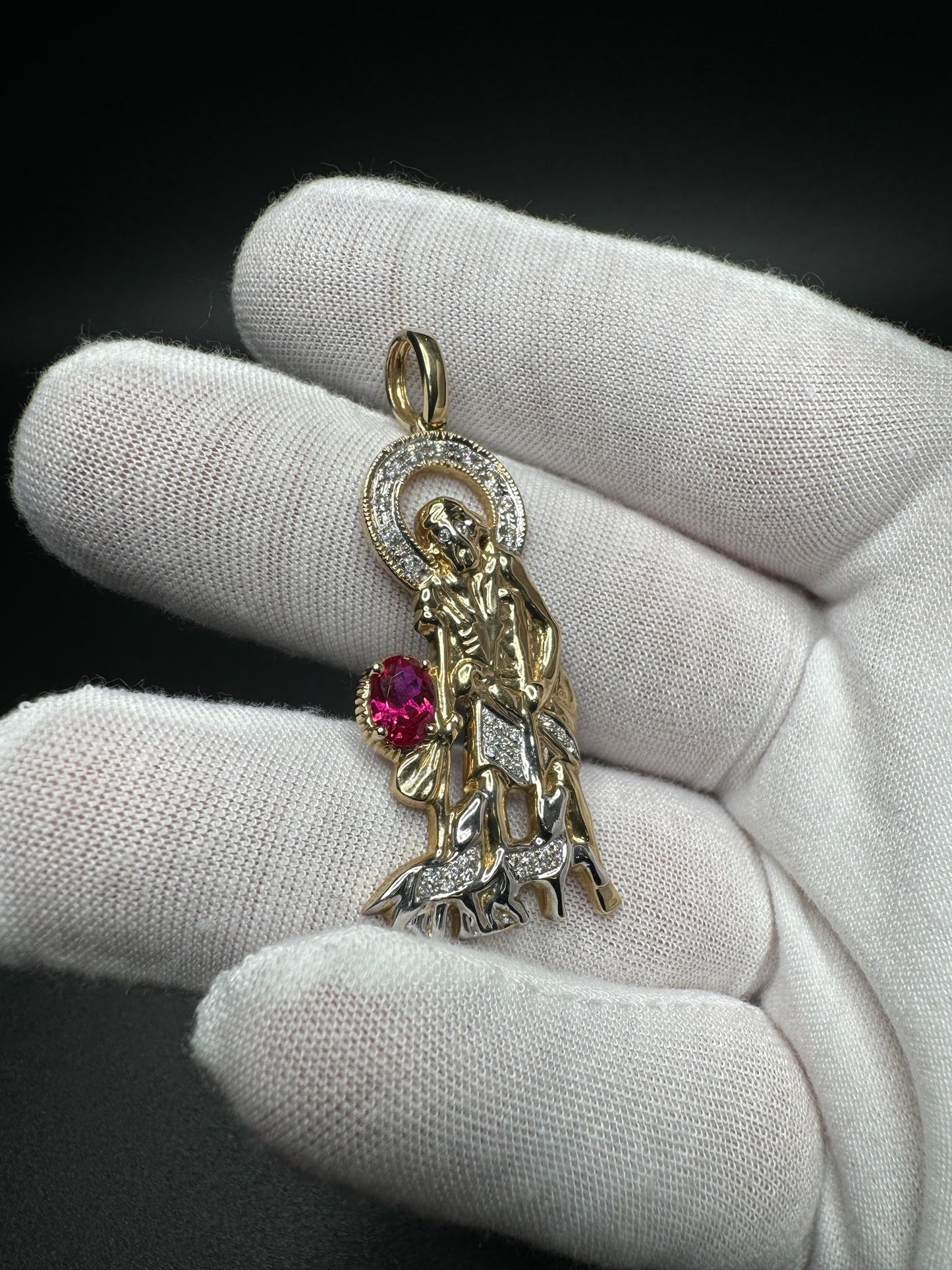 2” 10k Yellow Gold Saint Michael The Archangel with 7x5mm Ruby & est 1/4ctw Lab Diamond 6mm Bail 7.6g