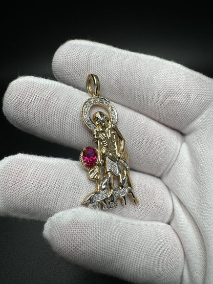 2” 10k Yellow Gold Saint Michael The Archangel with 7x5mm Ruby & est 1/4ctw Lab Diamond 6mm Bail 7.6g