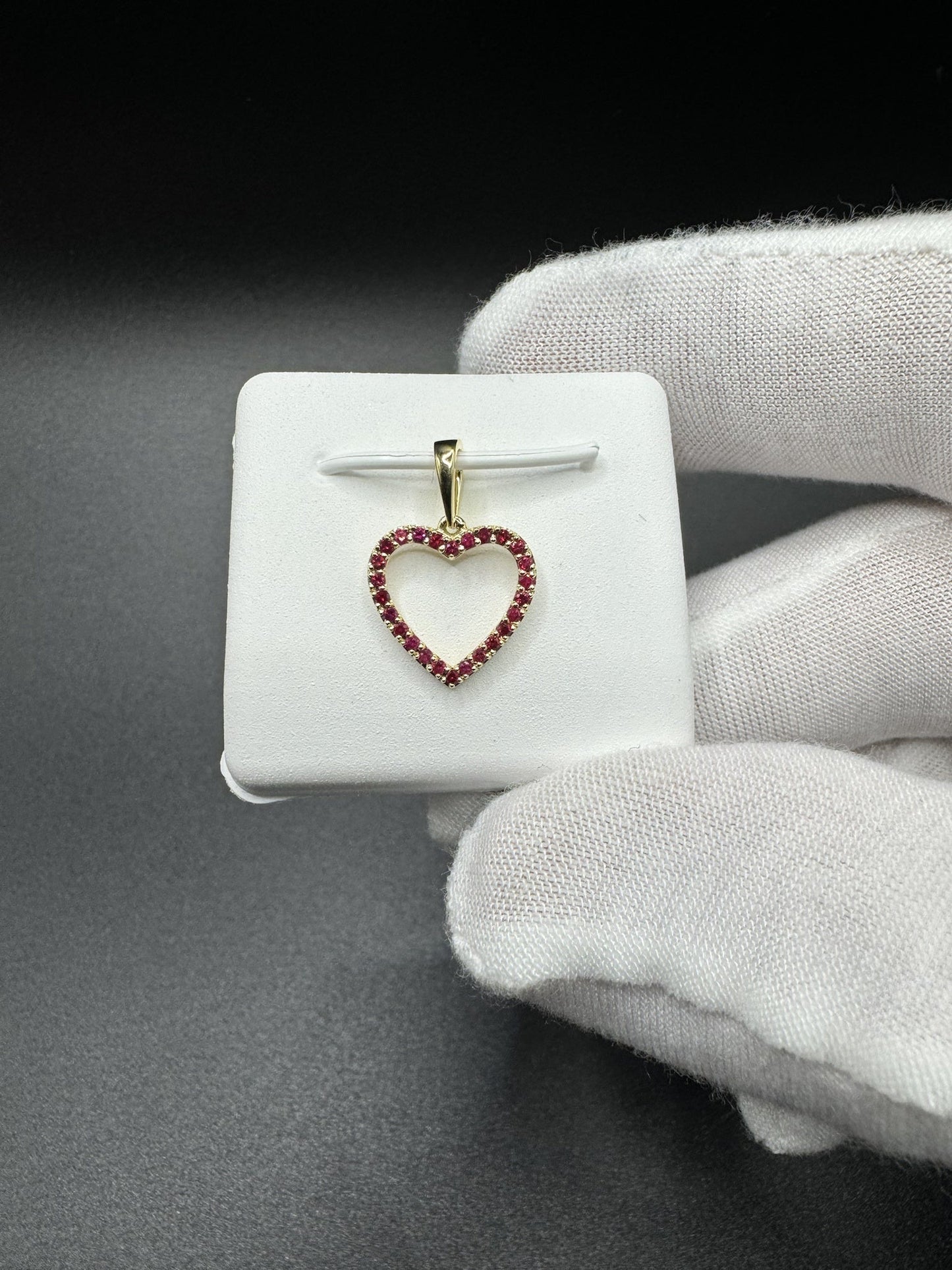 3/4” 14k Yellow Gold Heart Pendant Covered in Natural Rubies 3mm Bail .7g