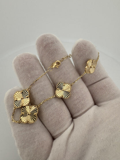 7”-8” Adjustable 14k Yellow Gold on Gold 5 Motif Clover Bracelet 13mm 7.61g