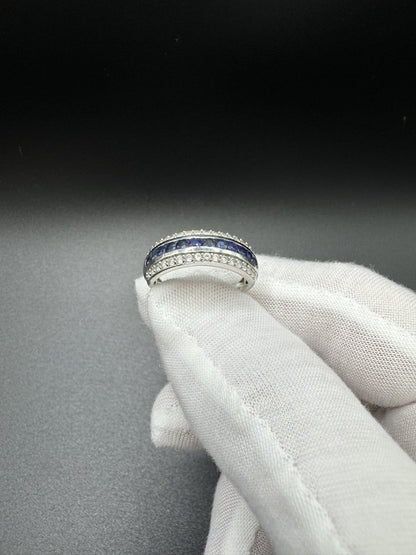 Size 8 Silver 1/3ctw Natural Diamond & Natural Sapphire Ring 3.7g
