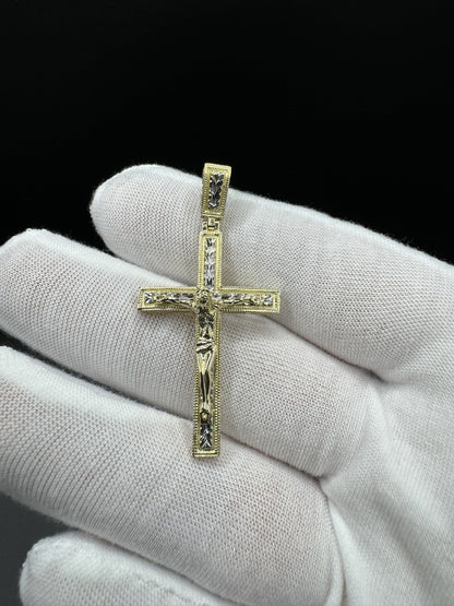 2” 10k Gold Two-Tone Square Cross/Crucifix 6mm Bail 4.6g