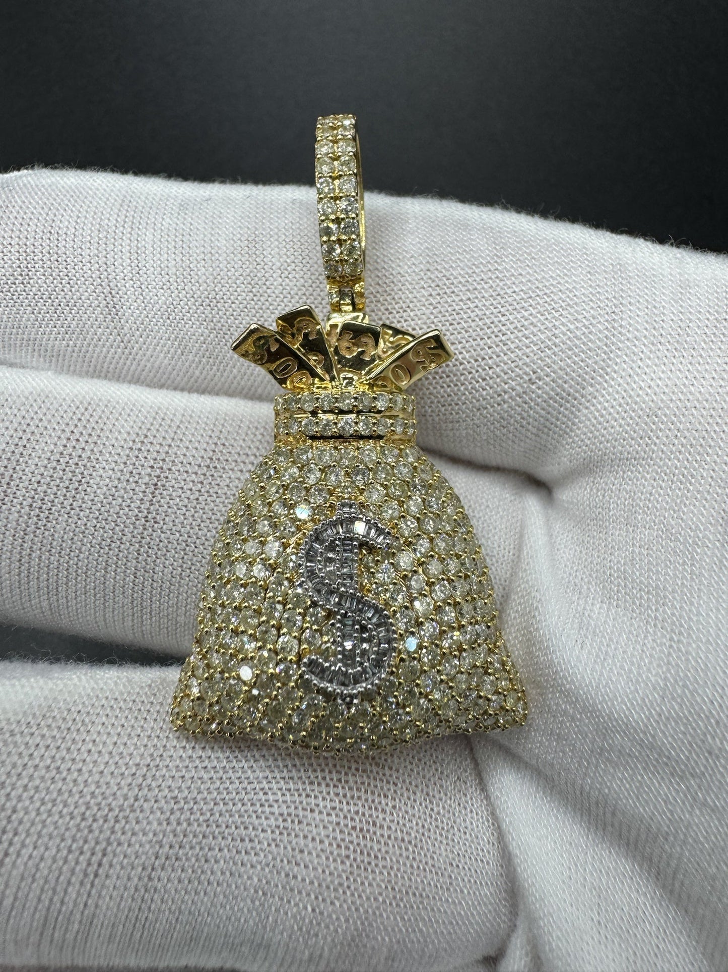 2” 10k Yellow Gold 2ctw Natural Diamond Money Bag Pendant 7.3mm Bail 9.0g