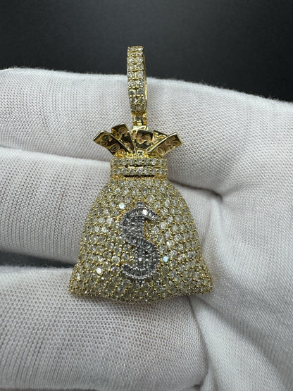 2” 10k Yellow Gold 2ctw Natural Diamond Money Bag Pendant 7.3mm Bail 9.0g