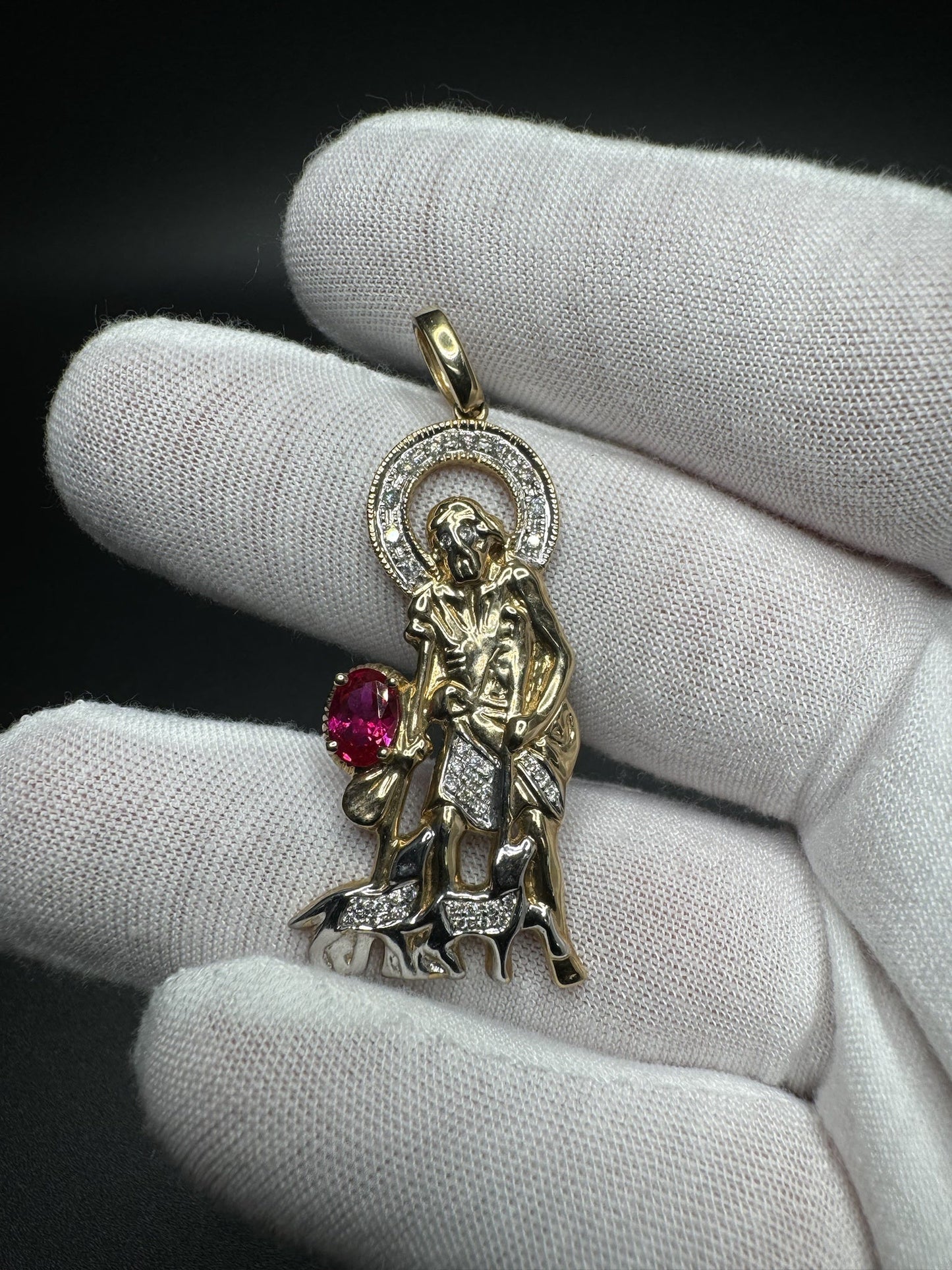2” 10k Yellow Gold Saint Michael The Archangel with 7x5mm Ruby & est 1/4ctw Lab Diamond 6mm Bail 7.6g