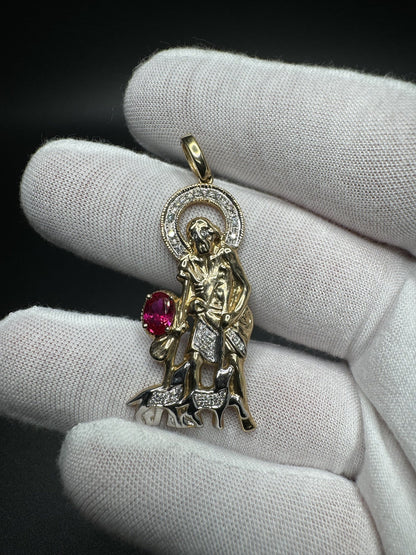 2” 10k Yellow Gold Saint Michael The Archangel with 7x5mm Ruby & est 1/4ctw Lab Diamond 6mm Bail 7.6g