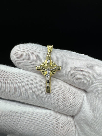 1.25” 14k Gold Two-tone Crucifix 3mm Bail 1.3g