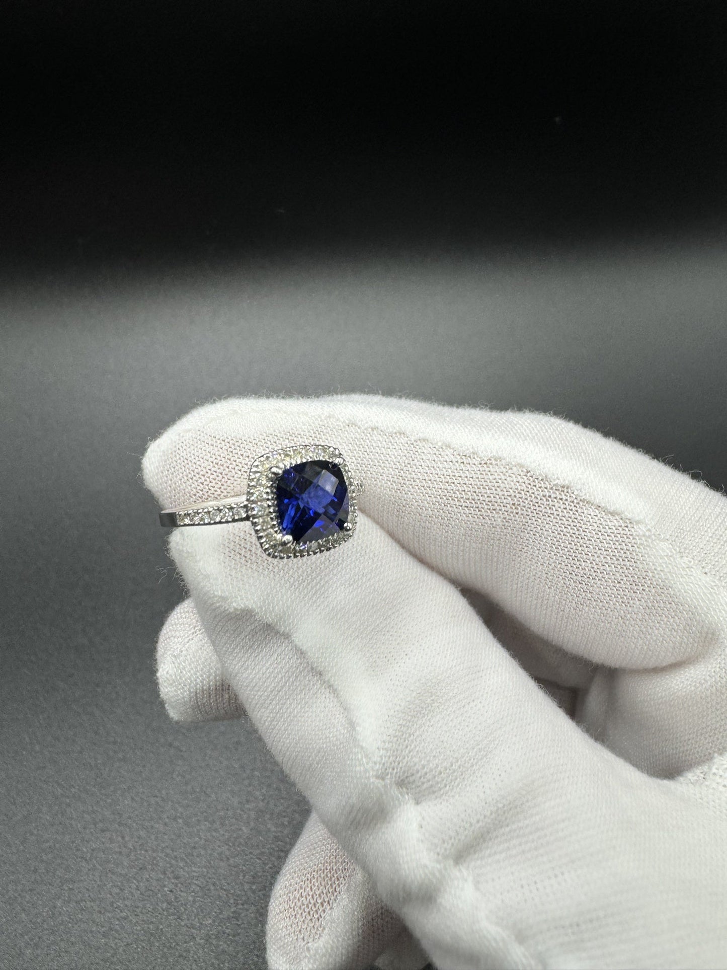 Size 7 14k White Gold 7mm Cushion Cut Blue Lab Sapphire & .15ctw Natural Diamond 2.6g