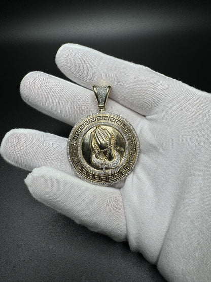 2” 14k Yellow Gold Circular Greek Praying Hands with Rosary est 1ctw Natural Diamonds 6mm Bail 13.2g