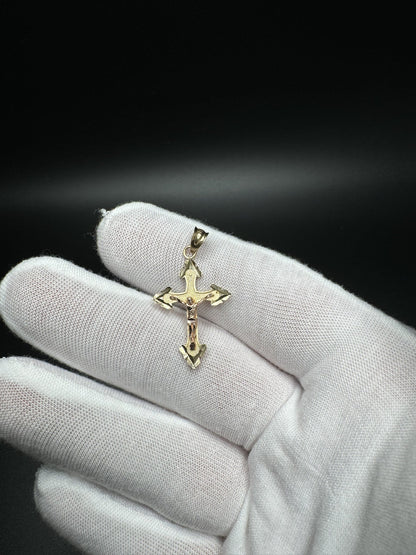1.25” 14k Yellow Gold Pointed Cross with Rose Gold Crucifix 4mm Bail 1.34g