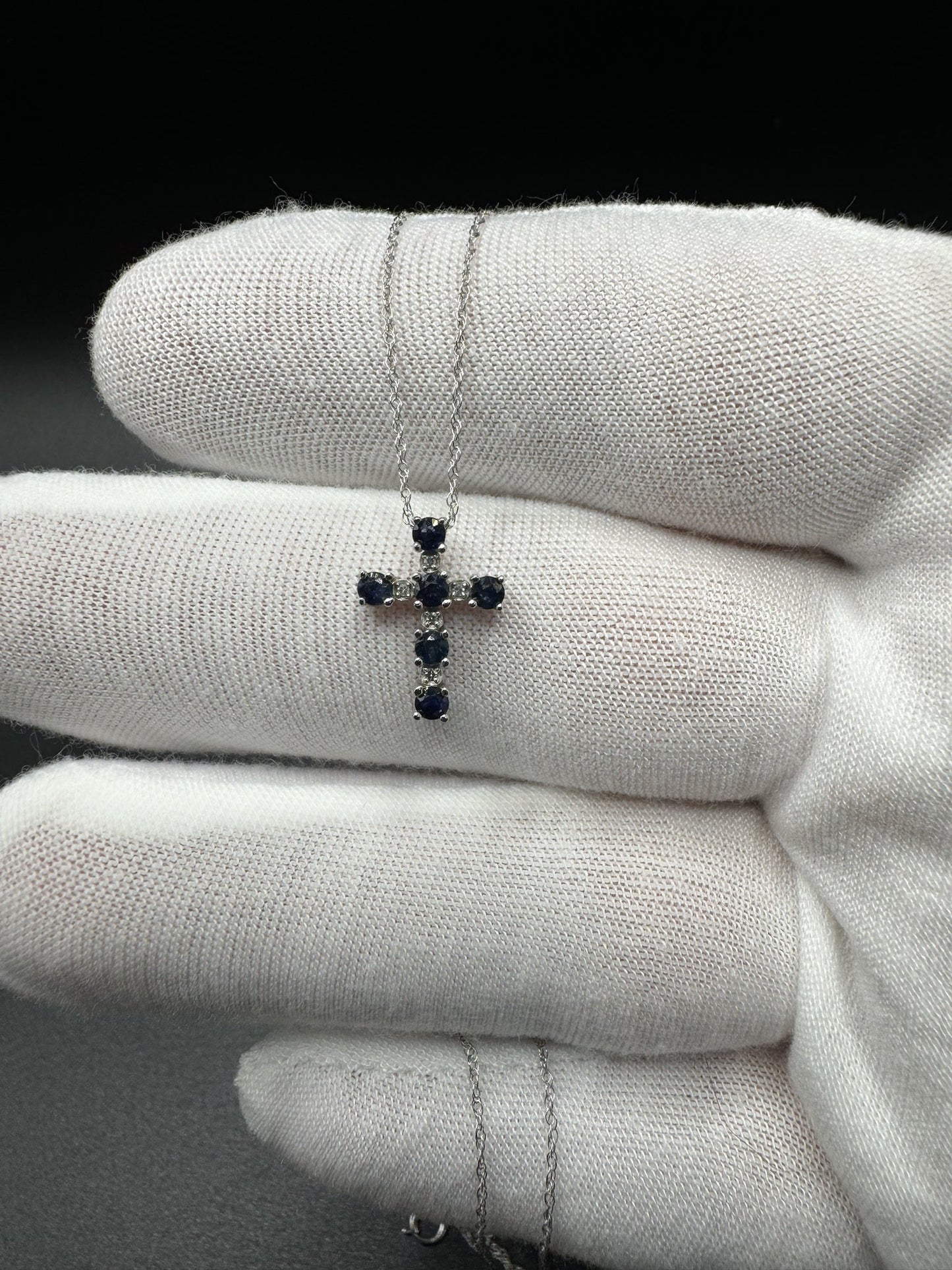 18” 10k White Gold Chain & 1/2” Natural Diamond and Blue Sapphire Cross 1.5g