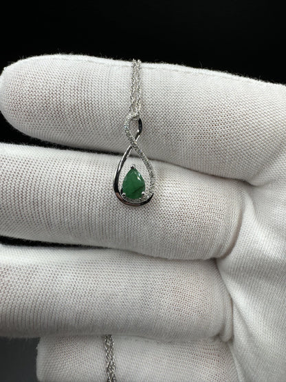 18” Silver Chain & Pear Shape Natural Emerald Pendant with 1/8ctw Natural Diamonds 2.1g