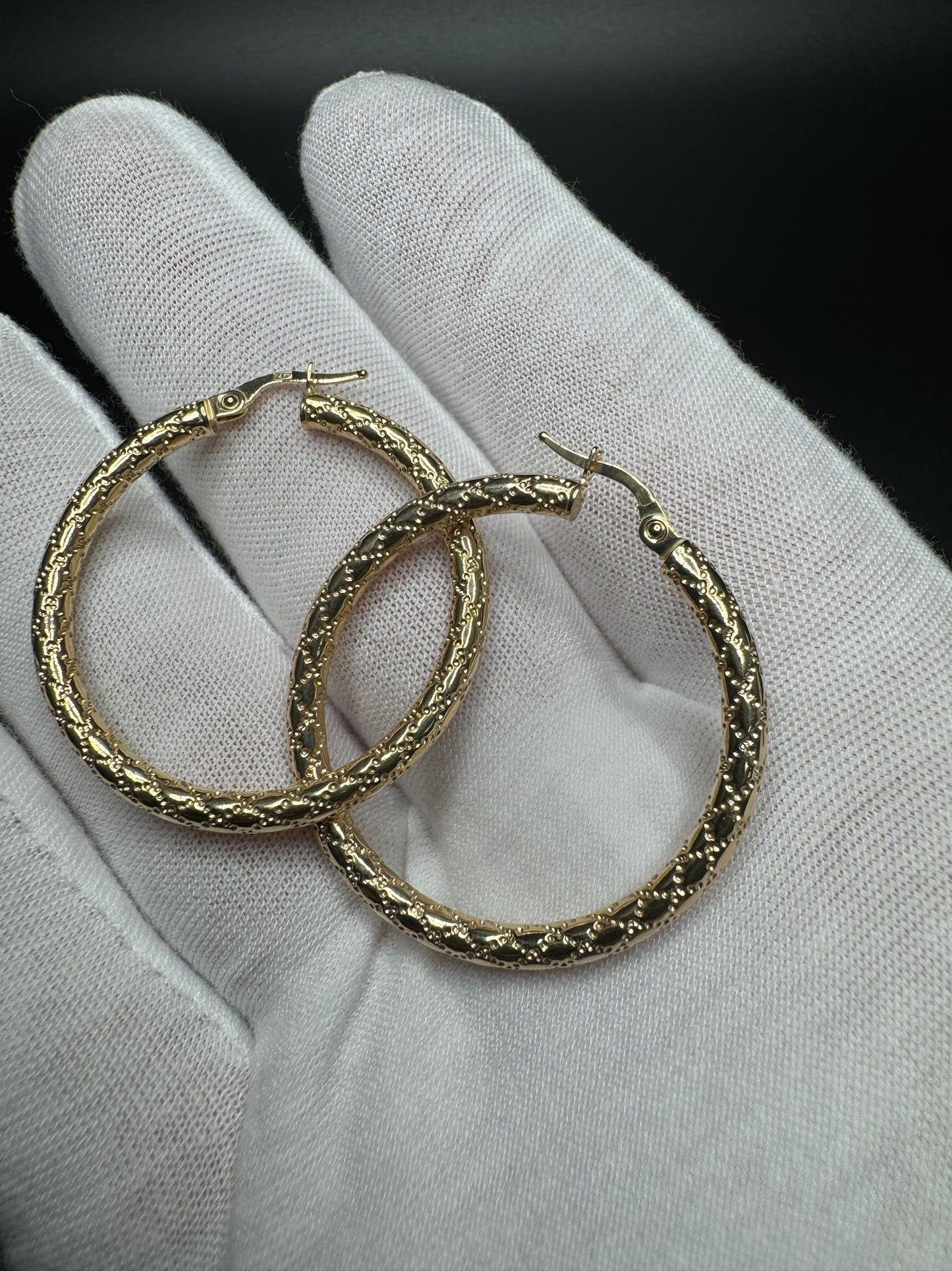 35mm 14k Yellow Gold Fancy Print Hoops 3.2g