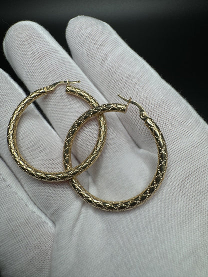 35mm 14k Yellow Gold Fancy Print Hoops 3.2g