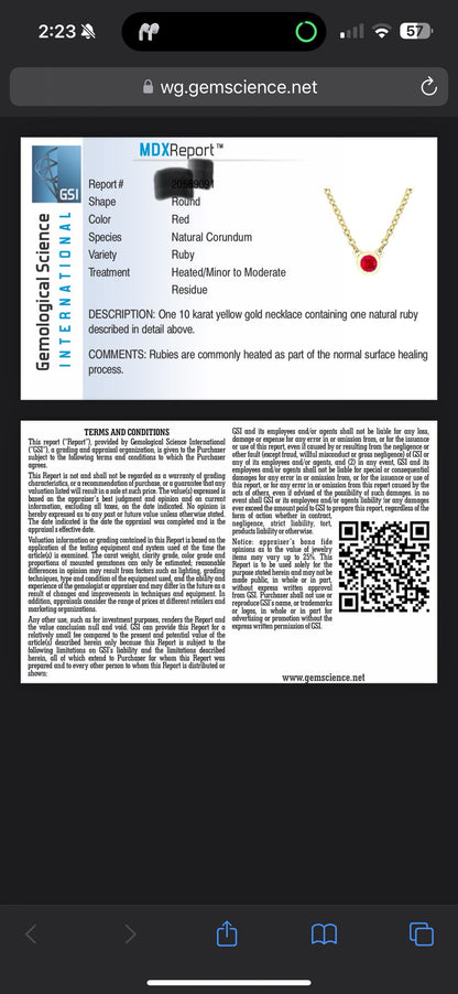 16-18” 10k Yellow Gold Chain & Natural Ruby Solitaire Pendant GSI Certified 1.55g