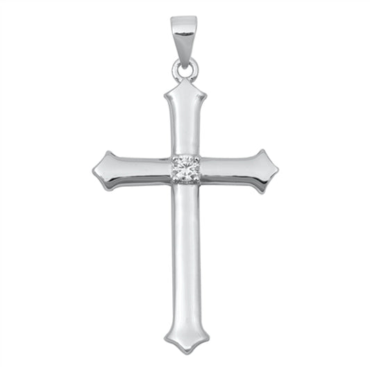 Sterling Silver Pointed Cross Pendant Classic Simple Elegant Charm Clear CZ 925