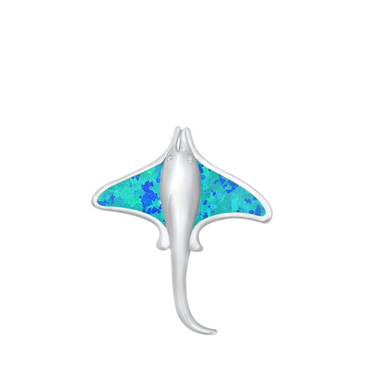 Sterling Silver Classic Blue Synthetic Opal Manta Ray Pendant Ocean Sea Charm
