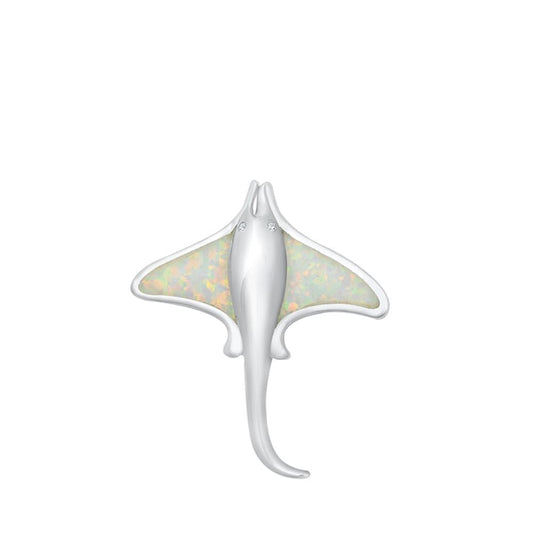 Sterling Silver Fashion White Synthetic Opal Manta Ray Pendant Beach Sea Charm