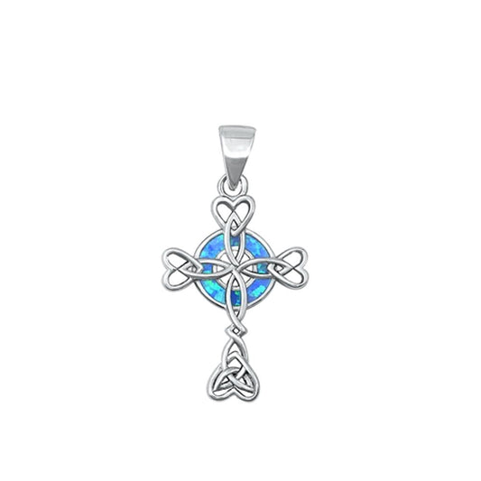 Sterling Silver Fashion Celtic Heart Cross Blue Synthetic Opal Pendant Charm