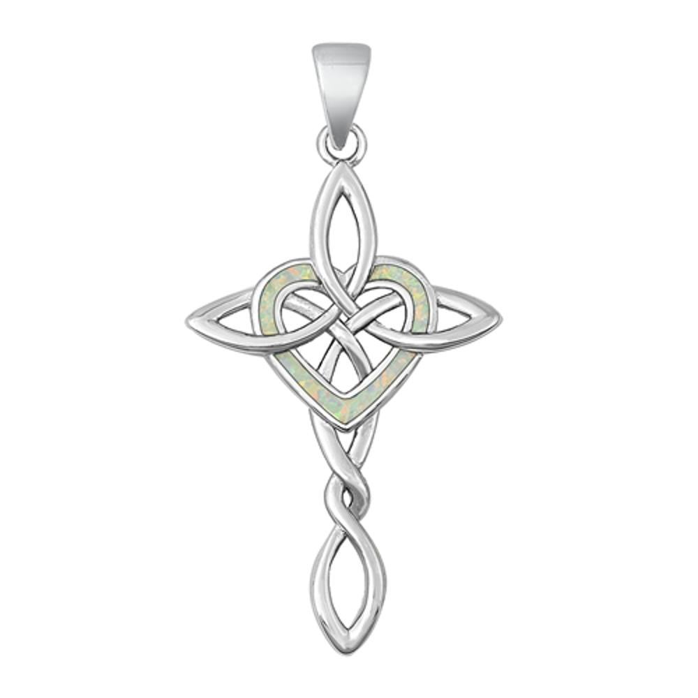Sterling Silver Cute White Synthetic Opal Heart Pendant Celtic Cross Charm 925