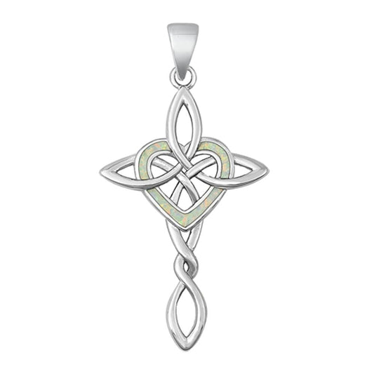 Sterling Silver Cute White Synthetic Opal Heart Pendant Celtic Cross Charm 925