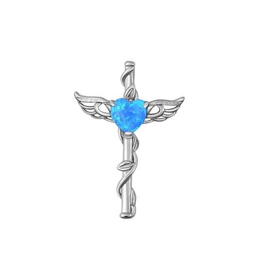 Sterling Silver Cute Heart Cross Angel Wing Blue Synthetic Opal Pendant Charm