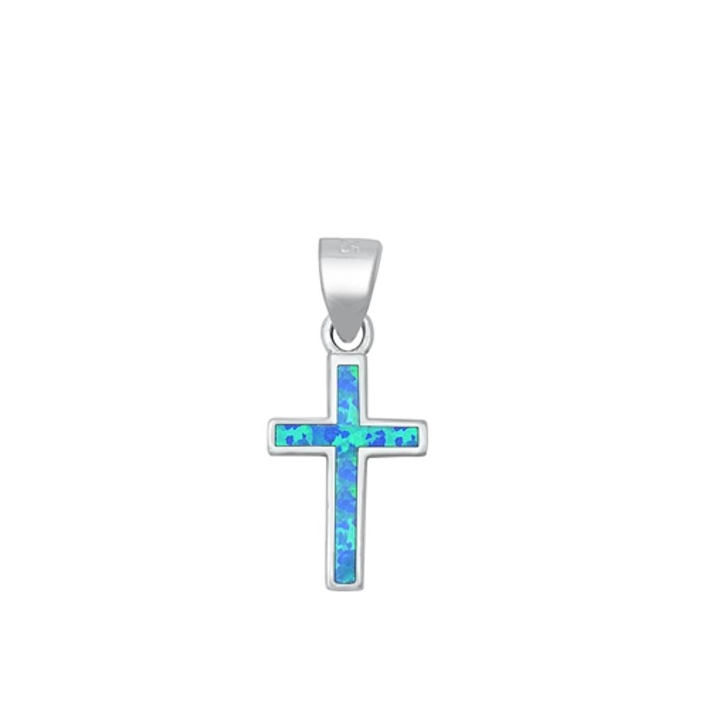 Sterling Silver Simple Blue Opal Cross High Polish Religious Pendant 925 New