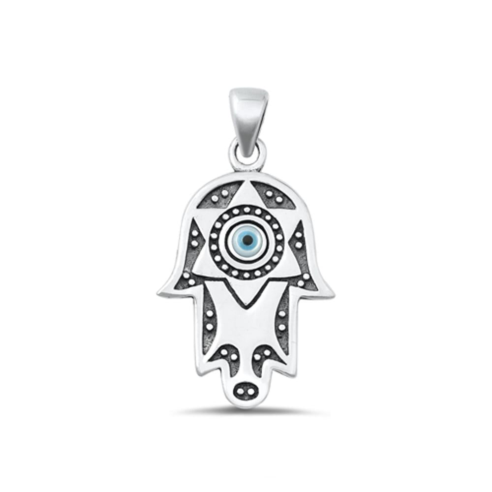 Sterling Silver Classic Hamsa & Evil Eye Pendant High Polished Charm 925 New