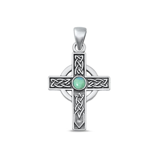 Sterling Silver Fashion Turquoise Celtic Cross Pendant Oxidized Charm .925 New