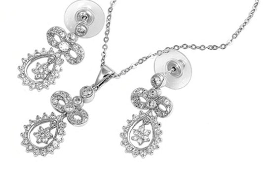 Ribbon Teardrop Earrings Clear Simulated CZ .925 Sterling Silver Pendant Set