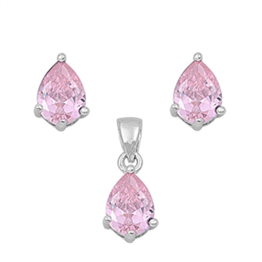 Solitaire Teardrop Earrings Pink Simulated CZ .925 Sterling Silver Pendant Set