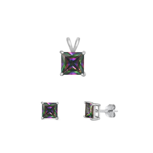 Sterling Silver Cute Rainbow Topaz CZ 4mm Earrings & 6mm Pendant Set 925 New